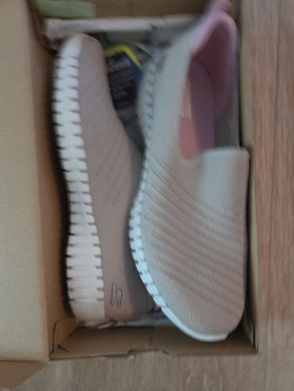 Skechers Women’s Beige Knit Slip-On Sneakers with White Sole and Pink Accents. - Picture 3 of 3